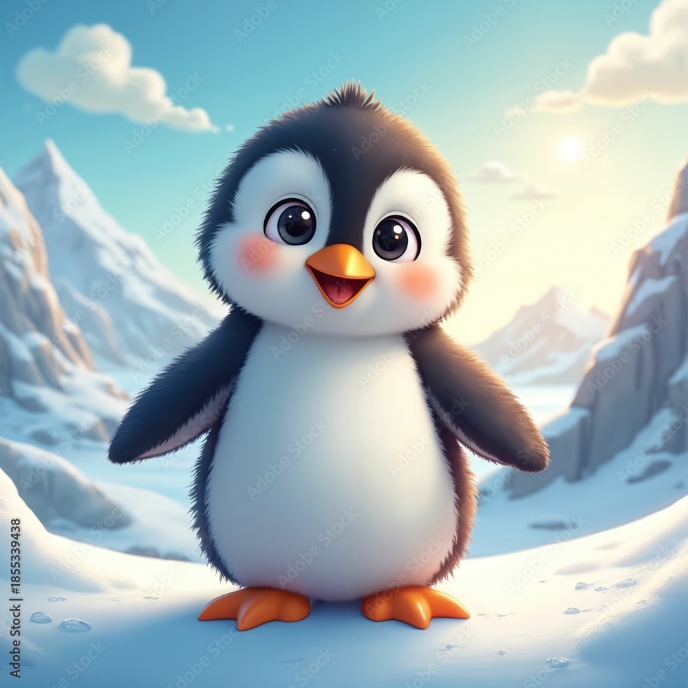 Naklejka premium Fluffy cartoon penguin stands happy in snowy landscape. Cute bird smiles with rosy cheeks under bright sun. Winter scene with ice mountains and blue sky.