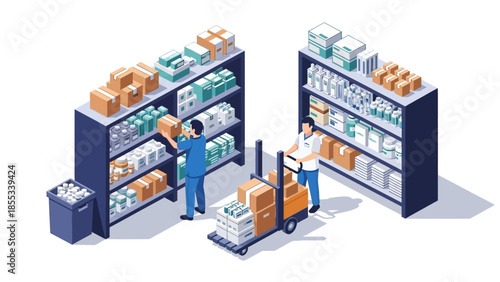 Warehouse inventory management with workers organizing goods on shelves