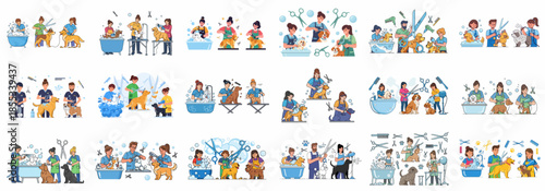 Collection of illustrations showing professional pet groomers providing full dog care services: washing, clipping, and drying various breeds.