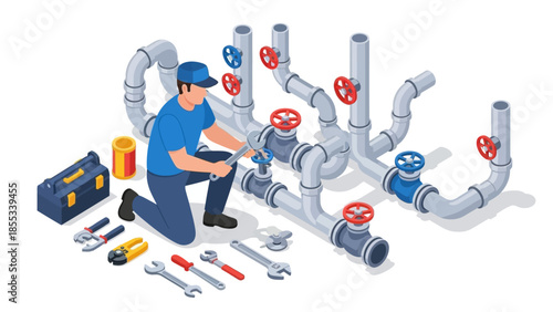 Isometric plumber repairing pipes with tools and equipment