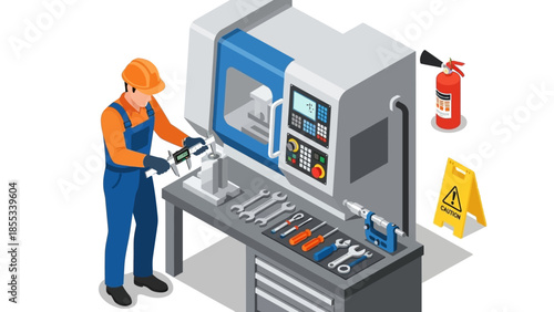Industrial worker using cnc machine with tools and safety equipment in modern factory setting