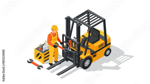 Technician repairing forklift in isometric style workshop scene