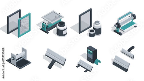 Isometric screen printing equipment icons for design projects