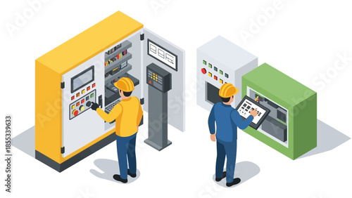 Isometric industrial control panel interaction by engineers in safety gear