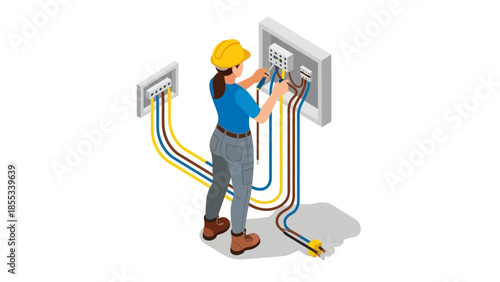 Female electrician working on wiring project in isometric style