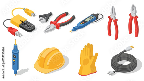 Essential electrician tools collection in isometric style for construction and safety