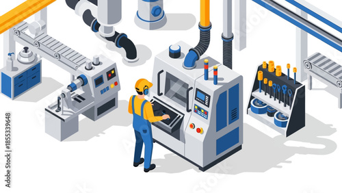 Modern factory automation technology with worker operating machinery in isometric design
