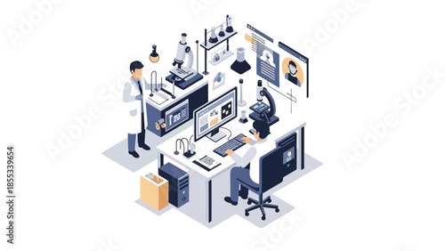 Isometric laboratory workspace with computers and scientific equipment