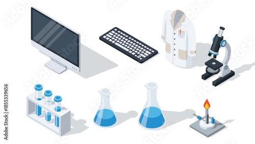 Science laboratory isometric set with equipment and tools for research