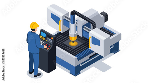 Industrial worker operating cnc milling machine in modern factory setting