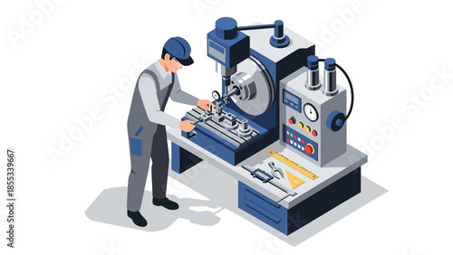 Isometric workshop scene with precision lathe and worker operating machinery