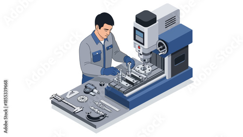 Engineer operating cnc machine with precision tools in workshop setting
