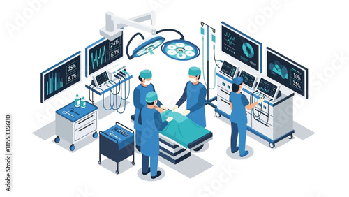 Isometric operating room scene with surgeons and medical equipment