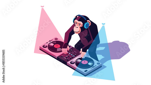 Dj monkey mixing beats: fun cartoon style with colorful lighting effects