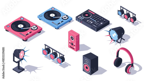Isometric dj equipment set with turntables and headphones in vibrant colors