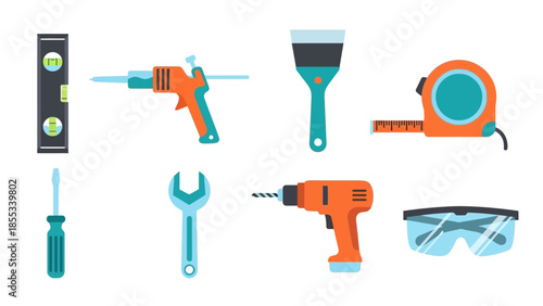 Essential tools collection: drill, wrench, and safety gear in modern flat design