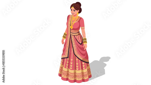 Traditional indian woman in elegant pink and gold attire