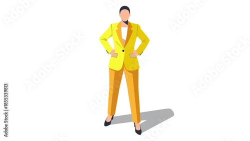 Confident businesswoman in yellow suit with hands on hips