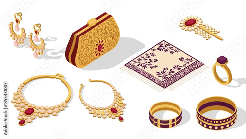 Elegant indian jewelry and accessories collection on white background