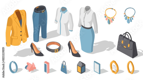 Fashionable outfit elements in isometric style with accessories and jewelry