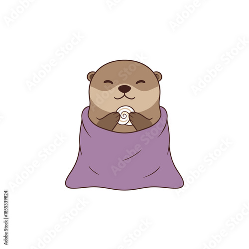 Cute Otter Wrapped in Purple Blanket Holding a Shell.