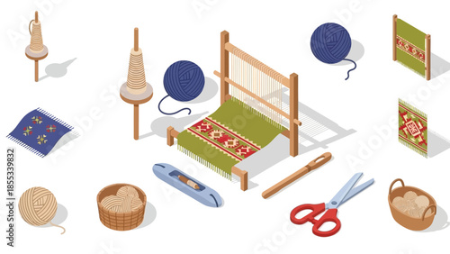 Traditional weaving tools and yarn in isometric style for craft enthusiasts