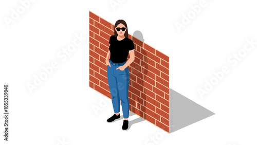 Isometric woman in casual outfit leaning against brick wall