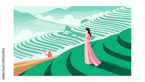 Woman in pink on lush rice terraces with farmer in background