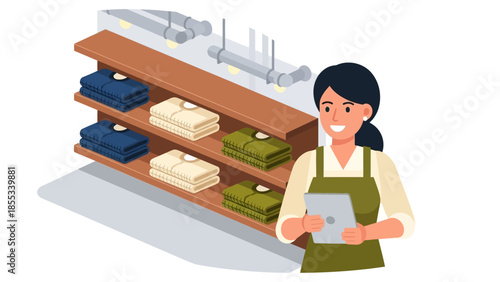 Retail worker organizing clothes on display shelf with digital tablet in isometric style