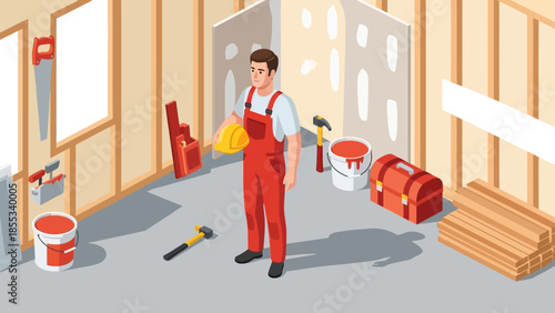 Isometric construction worker in workshop with tools and equipment