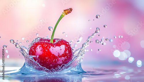 A bright red cherry falls into clear blue water creating a dynamic splash. Droplets fly in the air around the fruit and stem