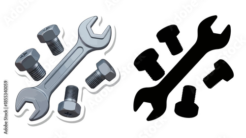 Wrench and bolts design with silhouette and realistic style side by side