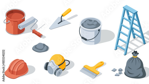 Isometric construction tools and equipment set for home renovation projects