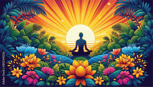 Serene Meditation Silhouette Amidst Vibrant Floral Landscape at Sunrise.