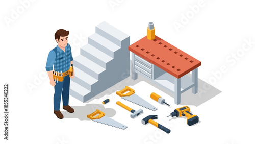 Isometric workshop scene with carpenter, tools, and workbench in garage