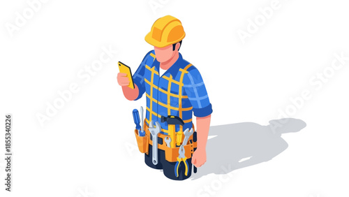 Isometric construction worker with tools and smartphone