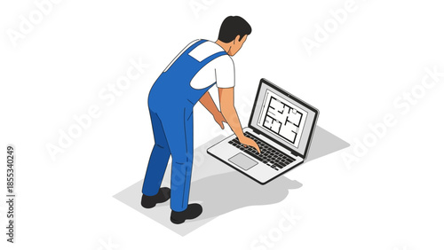 Isometric construction worker analyzing architectural plans on laptop