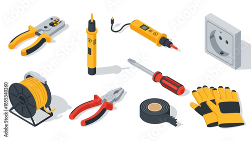 Isometric electrician tools set with cable, tester, screwdriver and gloves