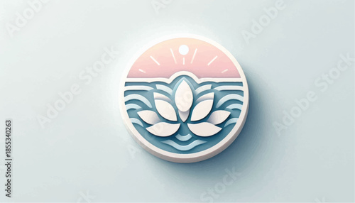 Stylized lotus flower in water with sun serene and peaceful design.