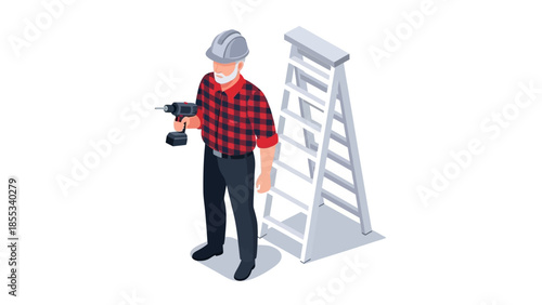 Construction worker with drill and ladder in isometric design