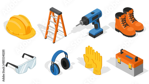 Essential construction tools and safety equipment in isometric design
