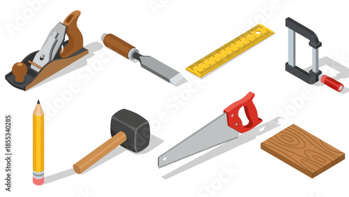 Essential carpentry tools in isometric style: plane, hammer, saw, more