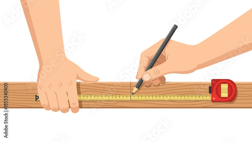 Hands measuring wood with ruler and pencil for diy project