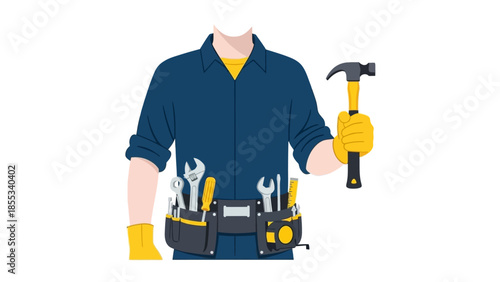 Handyman with tool belt and hammer in modern flat design illustration
