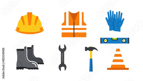 Essential construction tools and safety gear icons for builders and engineers