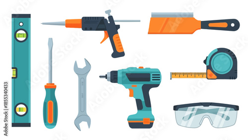 Essential tools for diy projects: drill, screwdriver, tape measure, and more illustrated in flat design