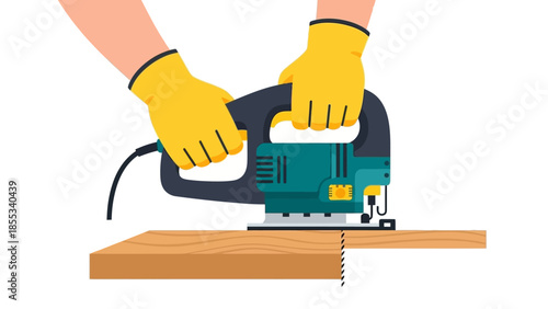 Carpenter using electric jigsaw on wood with yellow gloves in flat design