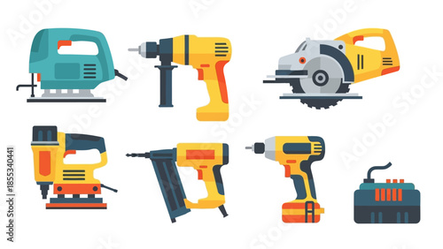 Set of modern electric power tools in colorful flat design for construction and diy projects