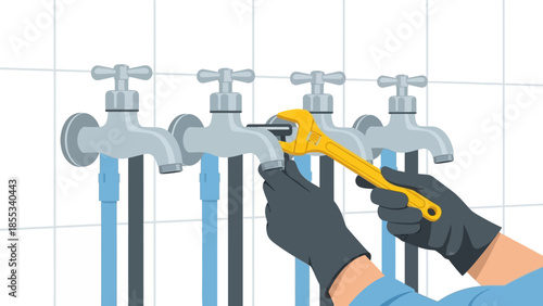 Plumber using wrench to fix series of water faucets on tiled wall