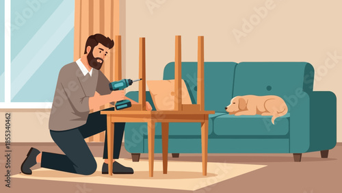 Man assembling table with drill in cozy living room with dog on sofa
